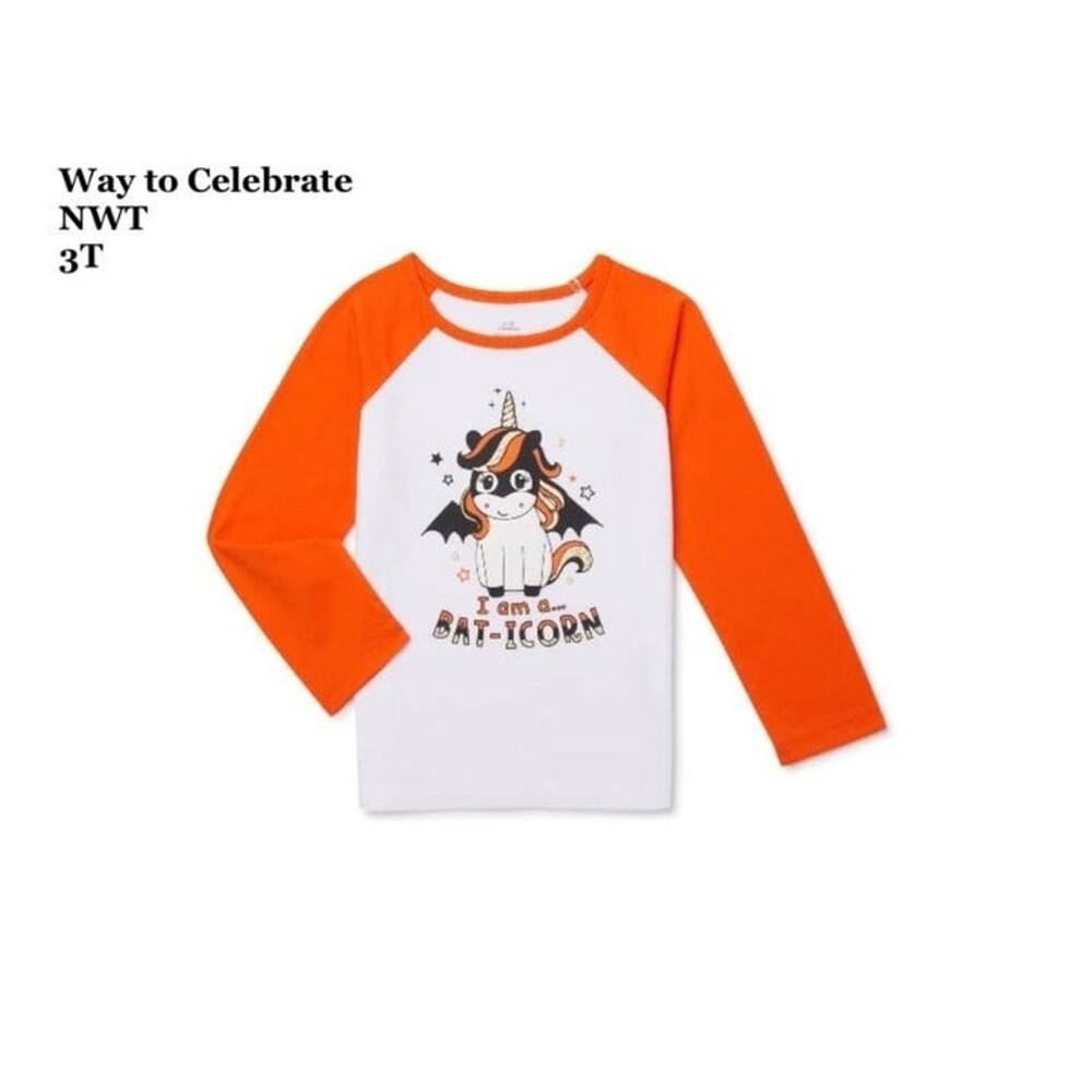 Toddler Girls‎ Halloween Raglan Shirt Size 3T Bat Unicorn Baticorn School Party